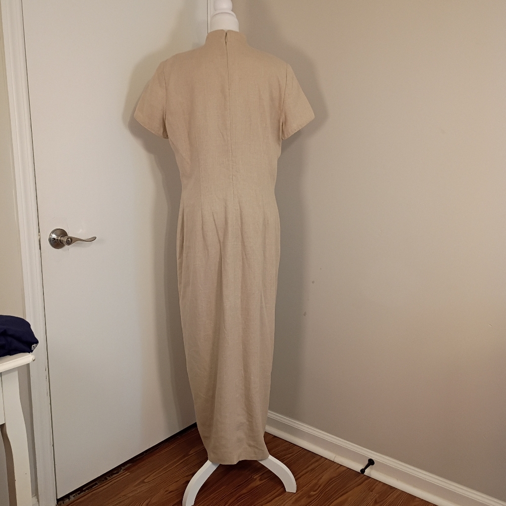David Warren Beige Qpao Cheongsam with Pankou Linen Blend Women Dress Size 14 - Picture 7 of 11